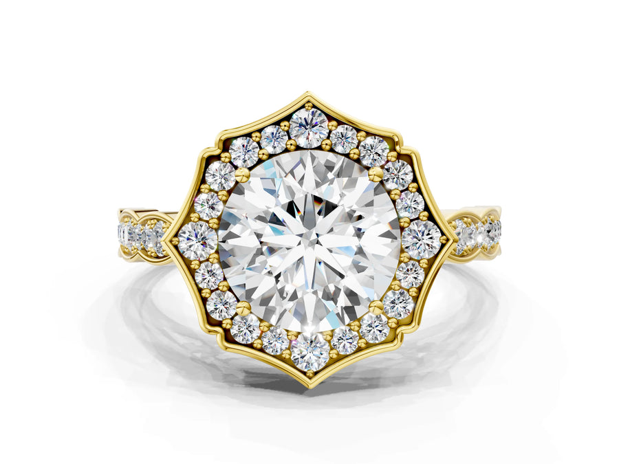 Yellow gold Round Halo Diamond Engagement Ring with Milgrain Band and Four-Prong Setting