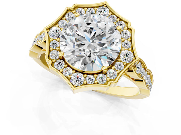 Yellow gold Round Halo Diamond Engagement Ring with Milgrain Band and Four-Prong Setting