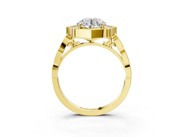 Yellow gold Round Halo Diamond Engagement Ring with Milgrain Band and Four-Prong Setting