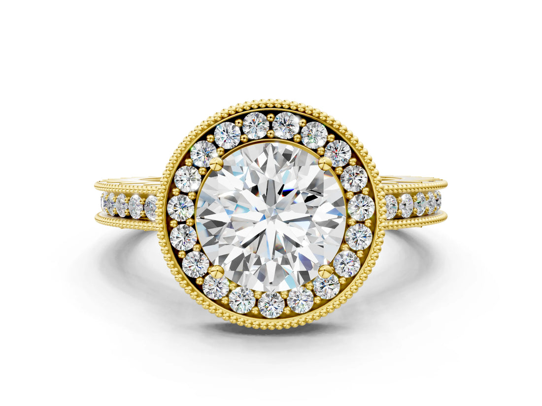 Yellow gold Round Halo Diamond Engagement Ring with Milgrain Pave Band and Four-Prong Setting_78