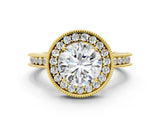 Yellow gold Round Halo Diamond Engagement Ring with Milgrain Pave Band and Four-Prong Setting_78