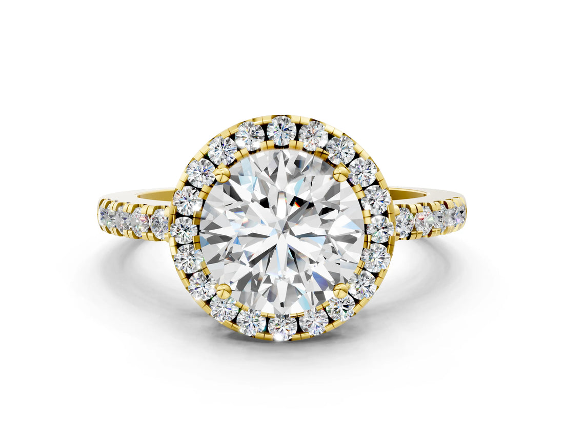 Yellow gold Round Halo Diamond Engagement Ring with Pavé Band and Four-Prong Setting_93