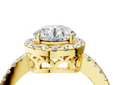 Yellow gold Round Halo Diamond Engagement Ring with Pavé Band and Four-Prong Setting_97