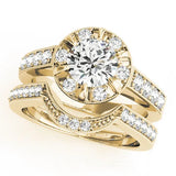 Yellow gold Round Halo Diamond Engagement Ring with Pave Band and Claw Prong Setting 1