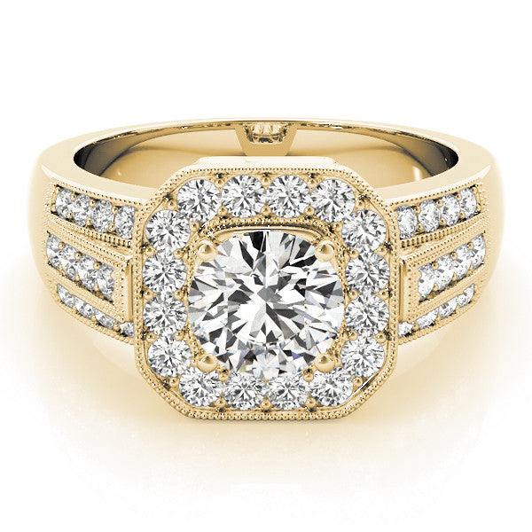 Yellow gold Round Halo Diamond Engagement Ring with Pave Split Shank and Four-Prong Setting 1