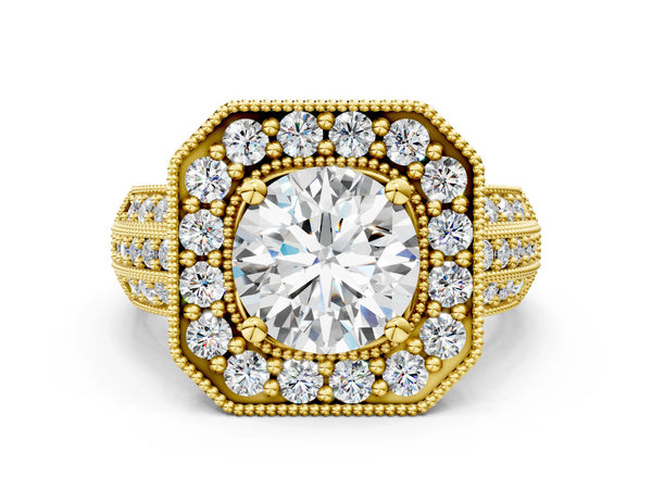 Yellow gold Round Halo Diamond Engagement Ring with Pave Split Shank and Four-Prong Setting