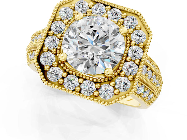 Yellow gold Round Halo Diamond Engagement Ring with Pave Split Shank and Four-Prong Setting