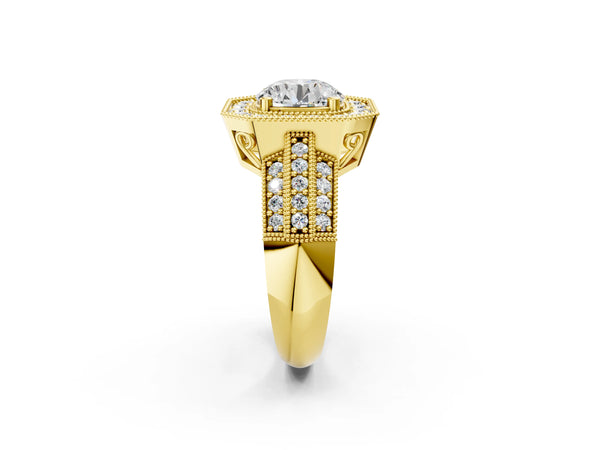 Yellow gold Round Halo Diamond Engagement Ring with Pave Split Shank and Four-Prong Setting