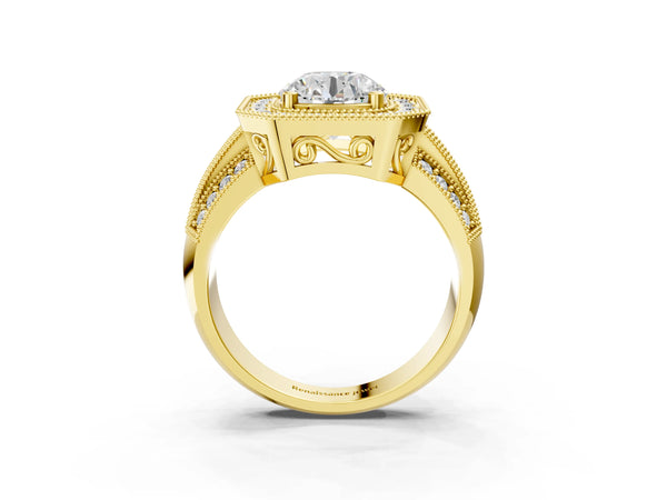 Yellow gold Round Halo Diamond Engagement Ring with Pave Split Shank and Four-Prong Setting