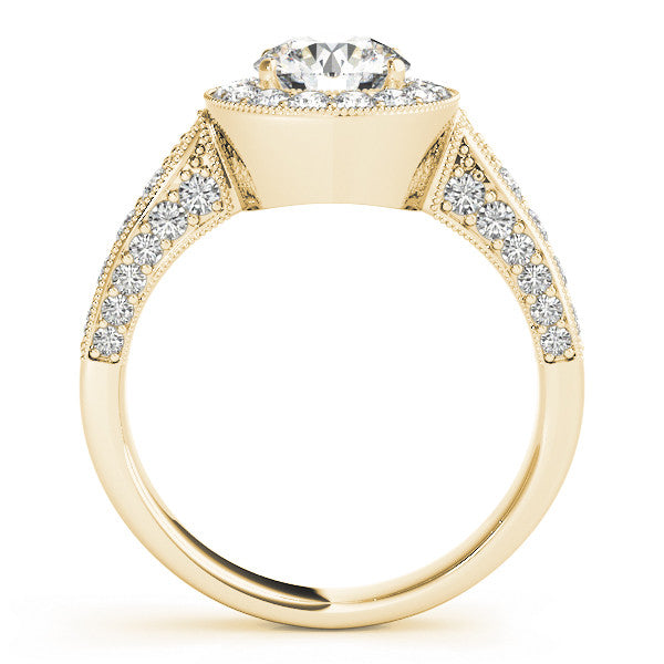 Yellow gold Round Halo Diamond Engagement Ring with Split Shank Band and Four-Prong Setting 1