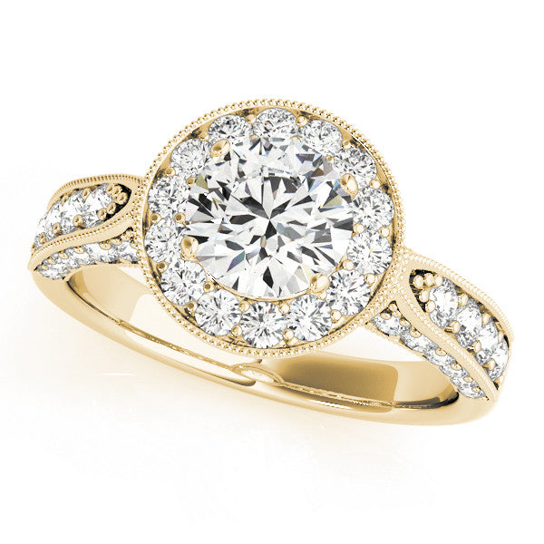 Yellow gold Round Halo Diamond Engagement Ring with Split Shank Band and Four-Prong Setting 2