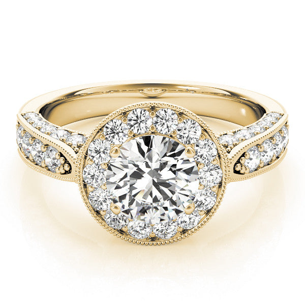 Yellow gold Round Halo Diamond Engagement Ring with Split Shank Band and Four-Prong Setting