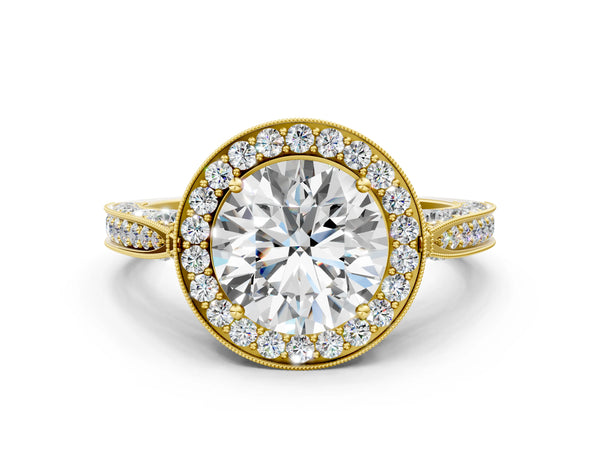 Yellow Gold Round Milgrain Halo Engagement Ring Setting with Pave