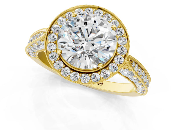 Yellow Gold Round Milgrain Halo Engagement Ring Setting with Pave