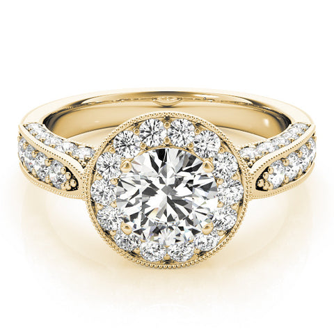 Yellow gold Round Halo Diamond Engagement Ring with Split Shank Band and Four-Prong Setting