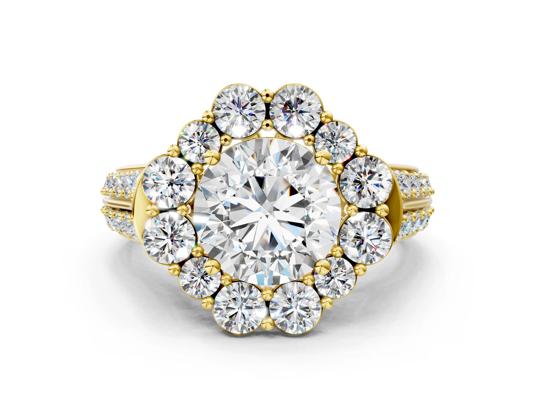 Yellow gold Round Halo Diamond Engagement Ring with Split Shank and Prong Setting_69