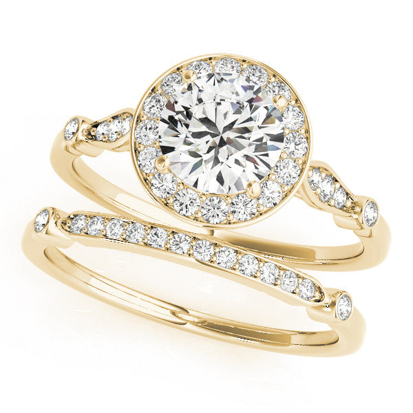 Yellow gold Round Halo Diamond Engagement Ring with Twisted Band and Four-Prong Setting 1