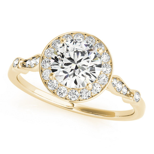 Yellow gold Round Halo Diamond Engagement Ring with Twisted Band and Four-Prong Setting
