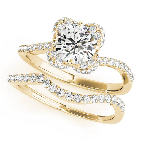Yellow gold Round Halo Diamond Engagement Ring with Twisted Pave Band and Four-Prong Setting 1