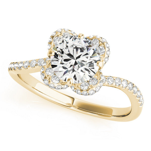 Yellow gold Round Halo Diamond Engagement Ring with Twisted Pave Band and Four-Prong Setting