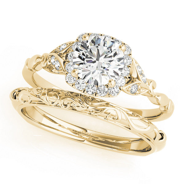 Yellow gold Round Halo Diamond Engagement Ring with Vintage-Inspired Band and Four-Prong Setting 1