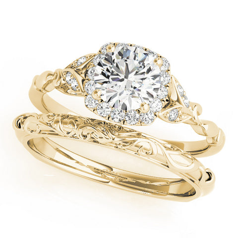 Yellow gold Round Halo Diamond Engagement Ring with Vintage-Inspired Band and Four-Prong Setting 1