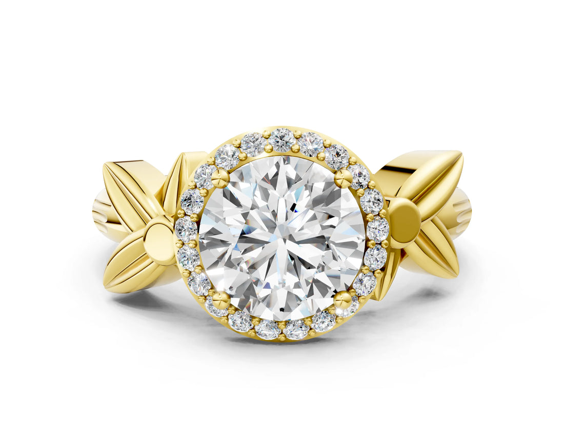 Yellow gold Round Halo Diamond Floral Band with Four-Prong Setting_76