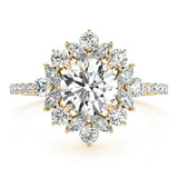 Yellow gold Round Halo Diamond Floral Cluster Ring with Pavé Band and Prong Setting 1
