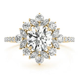 14K Yellow Gold 0.80 Carat D VS1 Round Halo Diamond Floral Cluster Ring with Pavé Band and Prong Setting