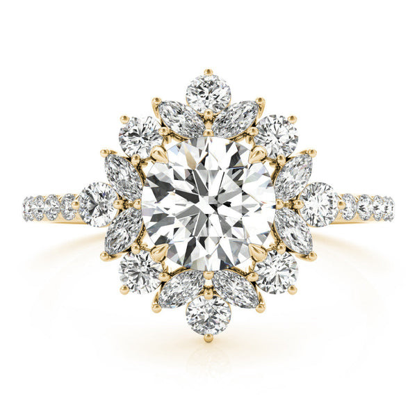 14K Yellow Gold 0.80 Carat D VS1 Round Halo Diamond Floral Cluster Ring with Pavé Band and Prong Setting
