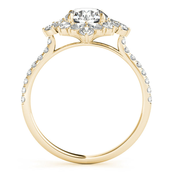 14K Yellow Gold 0.80 Carat D VS1 Round Halo Diamond Floral Cluster Ring with Pavé Band and Prong Setting