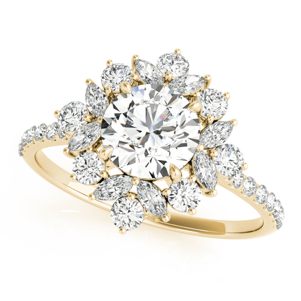 14K Yellow Gold 0.80 Carat D VS1 Round Halo Diamond Floral Cluster Ring with Pavé Band and Prong Setting