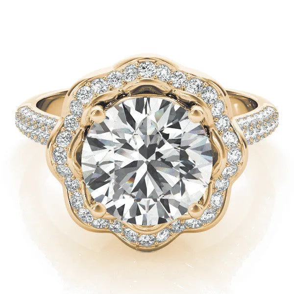 Yellow gold Round Halo Diamond Floral Pave Band Ring with Four-Prong Setting