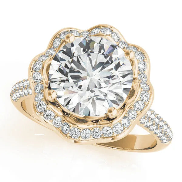 Yellow gold Round Halo Diamond Floral Pave Band Ring with Four-Prong Setting