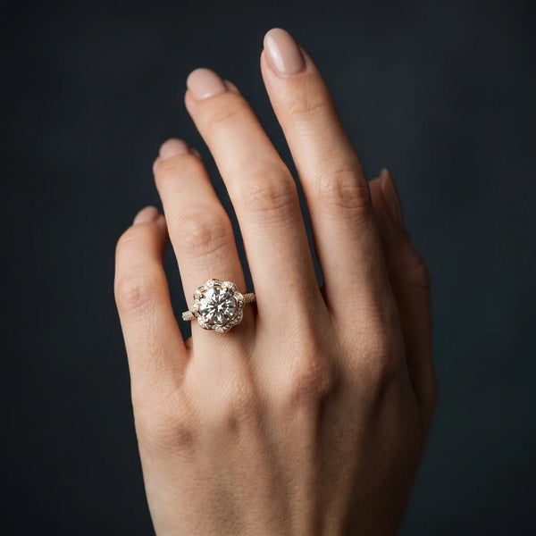 Yellow gold Round Halo Diamond Floral Pave Band Ring with Four-Prong Setting