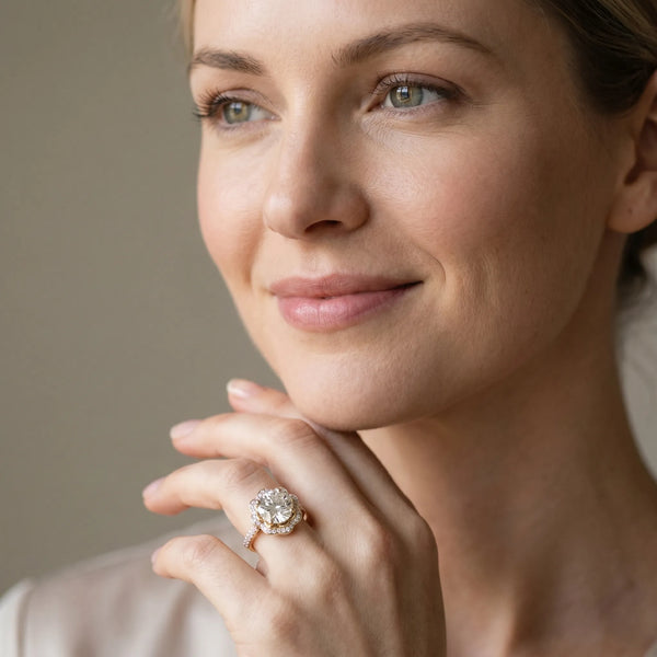 Yellow gold Round Halo Diamond Floral Pave Band Ring with Four-Prong Setting