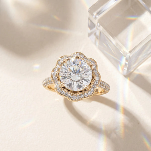 Yellow gold Round Halo Diamond Floral Pave Band Ring with Four-Prong Setting