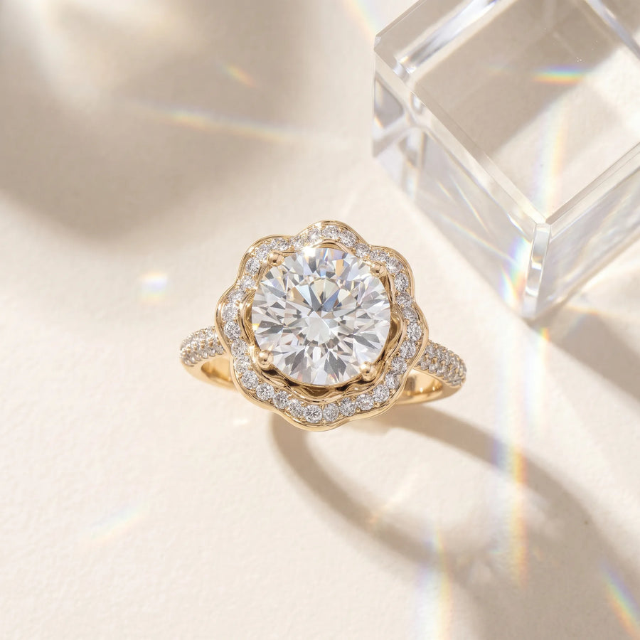 Yellow gold Round Halo Diamond Floral Pave Band Ring with Four-Prong Setting