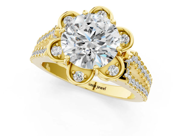 Yellow gold Round Halo Diamond Floral Split Shank Engagement Ring