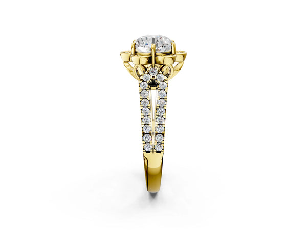 Yellow gold Round Halo Diamond Floral Split Shank Engagement Ring