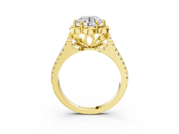 Yellow gold Round Halo Diamond Floral Split Shank Engagement Ring