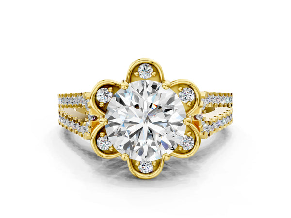 Yellow gold Round Halo Diamond Floral Split Shank Engagement Ring