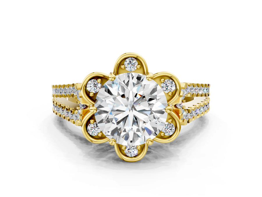 Yellow gold Round Halo Diamond Floral Split Shank Engagement Ring