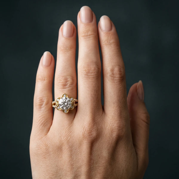 Yellow gold Round Halo Diamond Floral Split Shank Engagement Ring