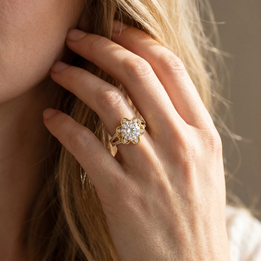Yellow gold Round Halo Diamond Floral Split Shank Engagement Ring