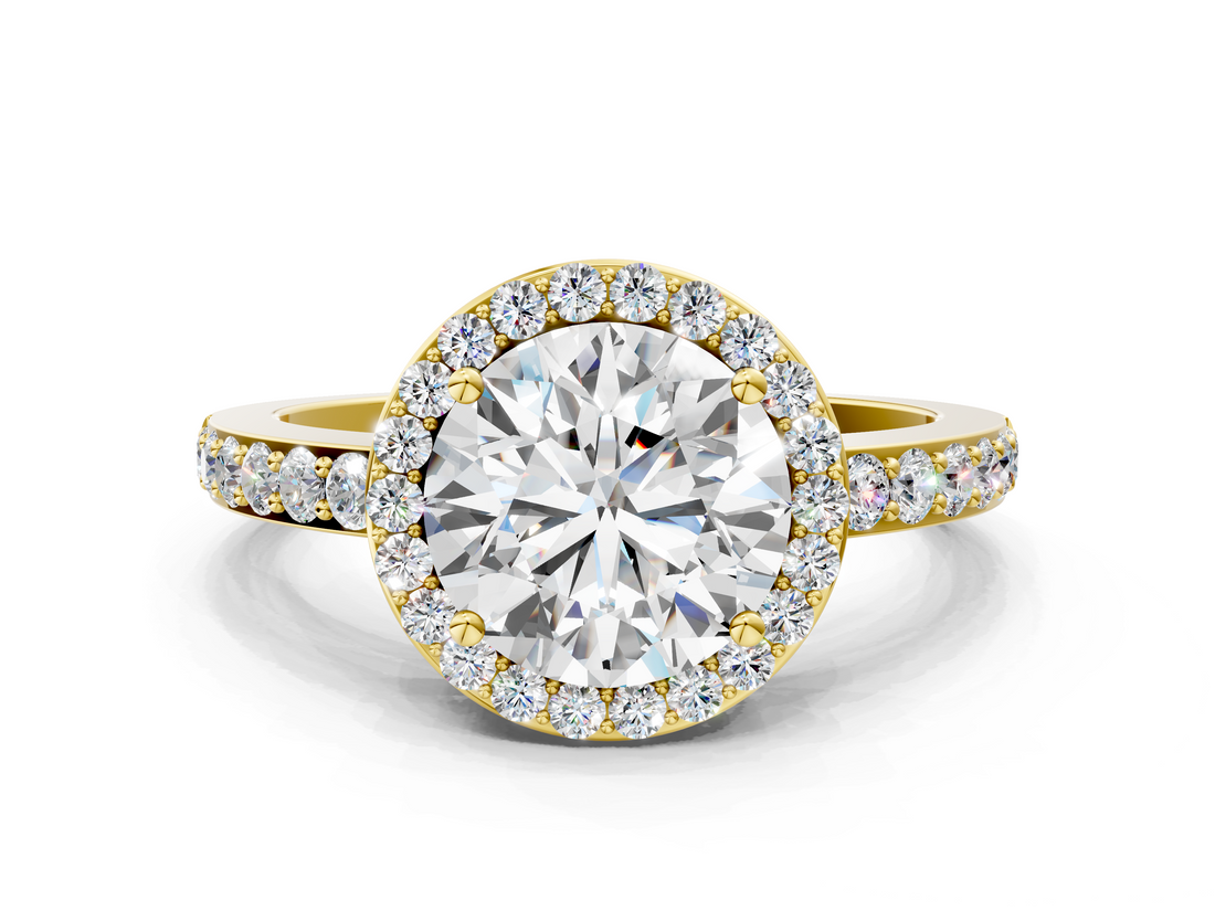 Yellow gold Round Halo Diamond Pavé Band Ring with Prong Setting_20
