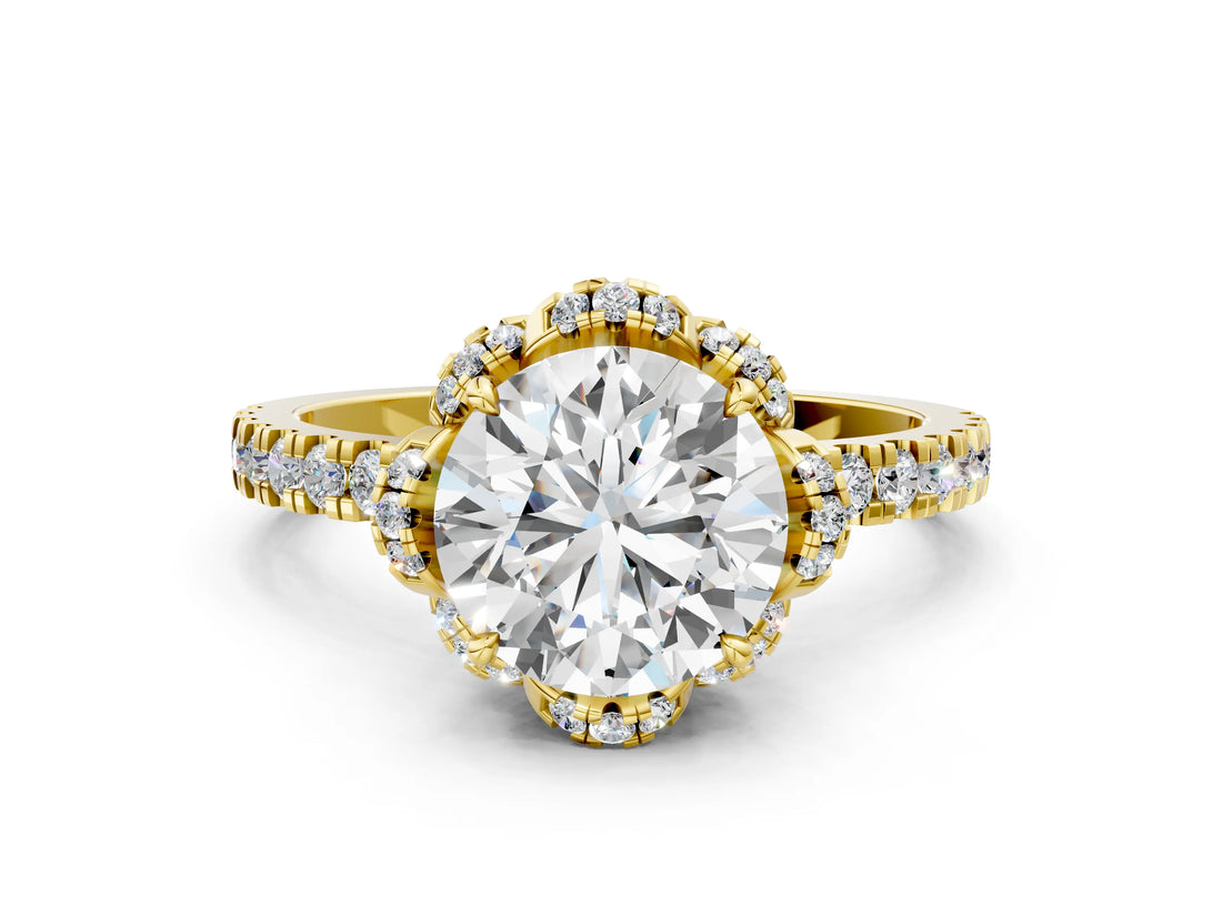 Yellow gold Round Halo Diamond Pave Band Ring with Four-Prong Setting_15