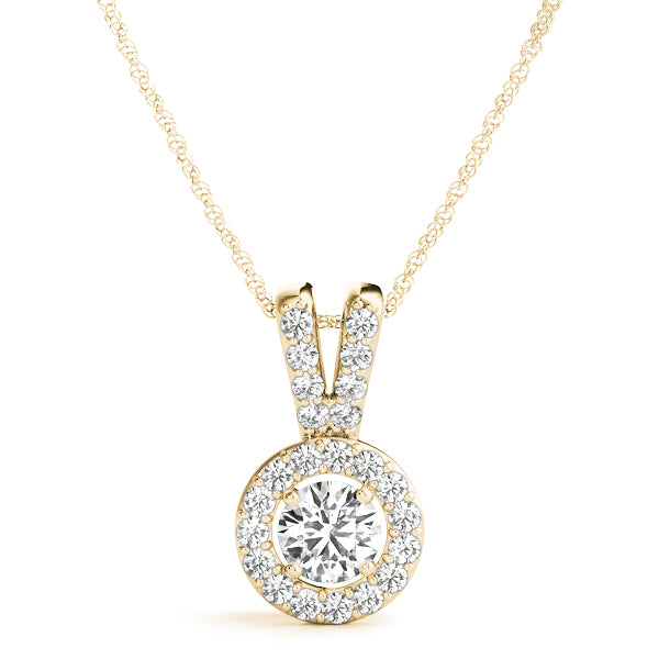 Yellow gold Round Halo Diamond Pendant with Prong Setting