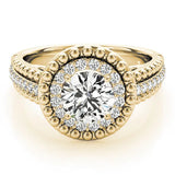 Yellow gold Round Halo Diamond Ring with Beaded Split Shank and Four-Prong Setting 1