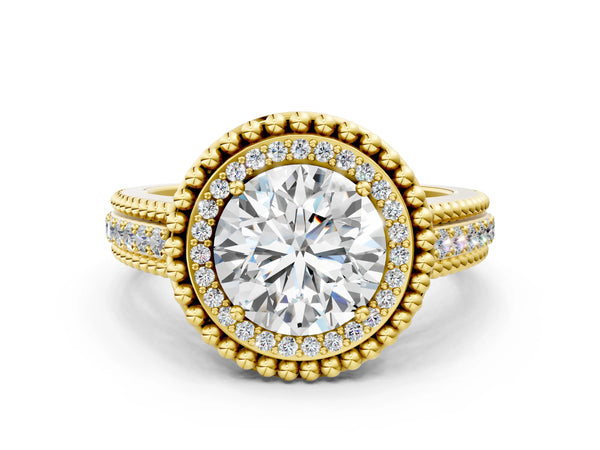 Yellow Gold Round Beaded Halo Engagement Ring Setting with Pave
